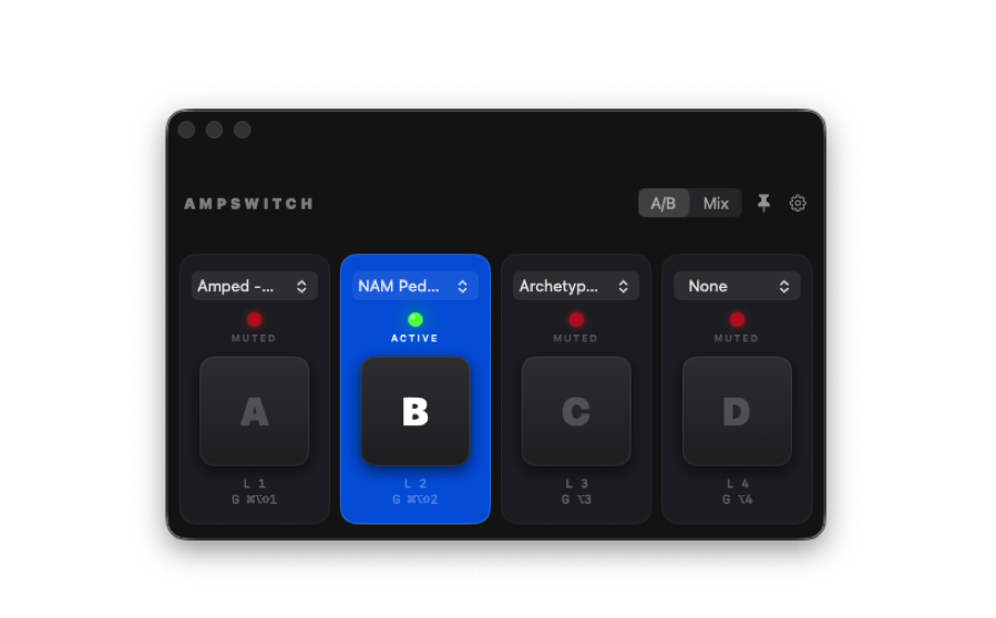 AmpSwitch interface showing four channels and A/B controls