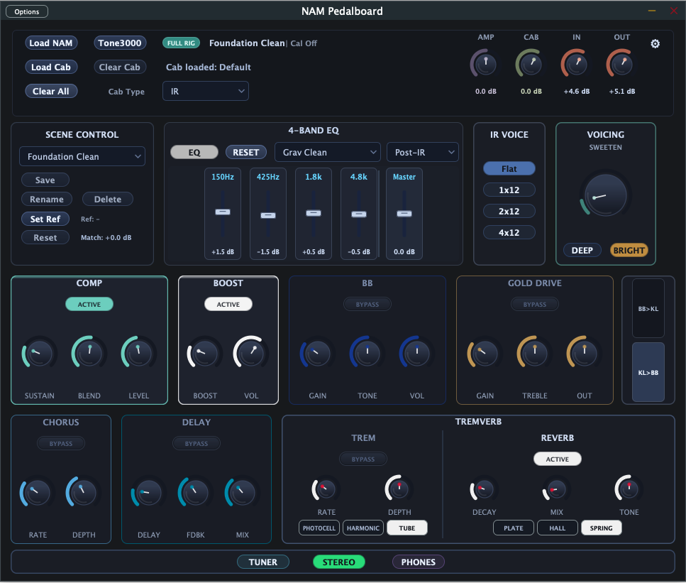 NAM Pedalboard interface showing compressor, drive pedals, EQ, and effects